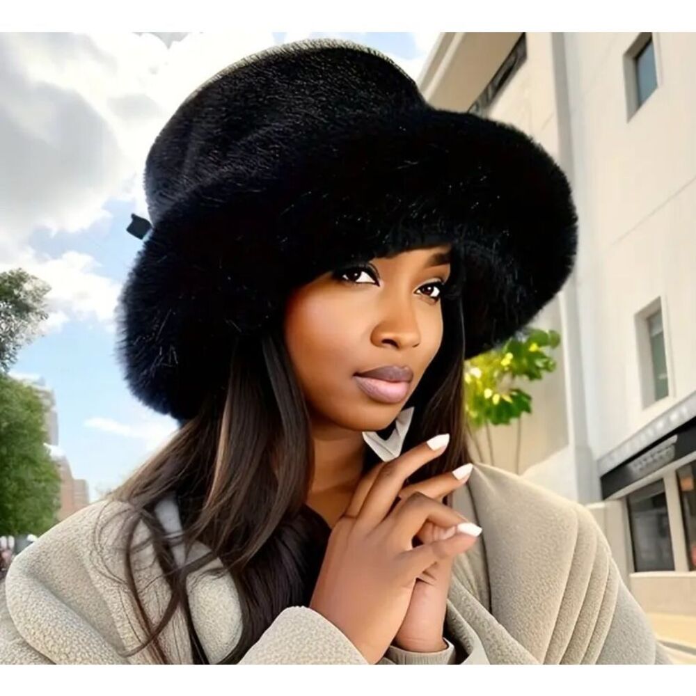 Black Faux Fur Wide Brim Winter Hat - Picture 2 of 6